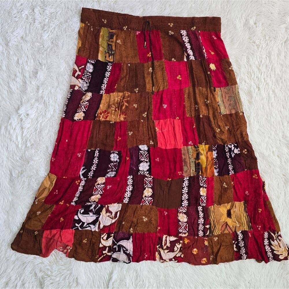 Boho Chic Patchwork Cottage Style Brown And Pink Maxi Skirt - Picture 12 of 12